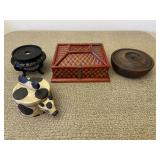 Group of  Small Wood Trinket Boxes & Candle Holder