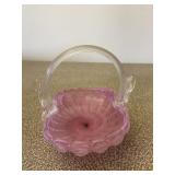 Small Pink Art Glass Basket with Clear Handle