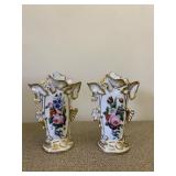 Pair of Flower Vases Gold Accent Floral Theme