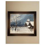 Two Barns in the Snow Framed Painting
