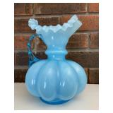 Fenton Blue Ruffled Neck Pitcher Vintage Art Glass