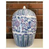 Blue Green Floral Vase Asian Theme Urn with Lid