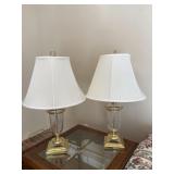 Pair of Lamps Clear Base Gold Accent White Shade