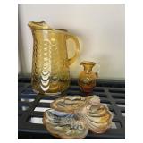 Amber Pitcher & Art Glass Lot of 3