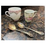 Set of 2 Tea Cups & 2 Silver Tone Spoons