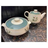 Blue White Vintage Teapot and Covered Bowl Set