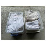 2 Plastic Totes Sheets Linens Curtains Etc