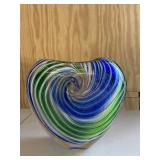 Blue Green Swirl Art Glass Vase Heart Shape