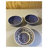 Set of 3 Hand Painted Bowls Inc Blue & White