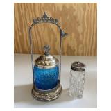Victorian Silver Plate Blue Pickle Jar & Vintage