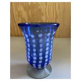 Blue White Polka Dot Art Glass Vase