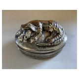 Silver Tone Metal Dog Trinket Box Vintage