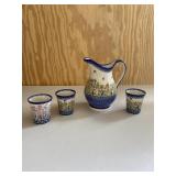 Hand Painted Polish Water Pitcher & 3 Cups