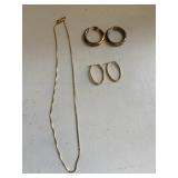 14K Gold Chain Necklace & 2 Pairs Hoop Earrings