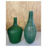 Pair of 2 Green Art Glass Bottles
