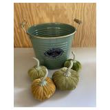 Green Flower Bucket & 4 Small Fancy Pumpkins
