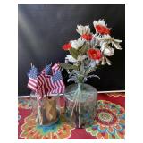 Pair of Glass Vases with Flags Flowers Etc