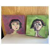 Pair of 2 Modern Female Art Portrait Paintings