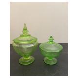 2 Green Depression Glass Covered Candy Dishes