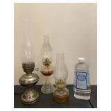 Set of 3 Vintage Oil Lamps & Oil Bottle