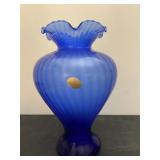 Murano Style Blue Ruffle Neck Flower Vase 12"