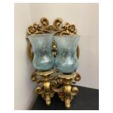 Pair of 2 Gold Wall Sconces Blue Glass