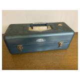 Vintage Blue Metal Fishing Box & Tackle