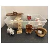 Tote with Misc Home Decor Piggy Bank Mugs Etc