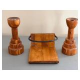 Pair of Wooden Candle Holders & Wooden Napkin