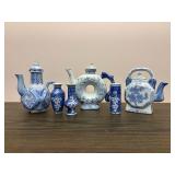 Blue & White Tea Pots & Vases Group of 6
