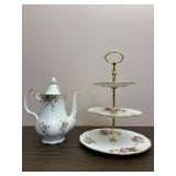 Pink Rose Teapot & Serving Tray Gold Accent
