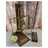 Brass & Wood Balance Scale with Weights Vintage