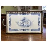 Blue & White Floral Serving Tray Silver Accent