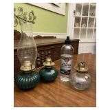 3 Oil Lamps Inc Green Glass and Lamp Oil