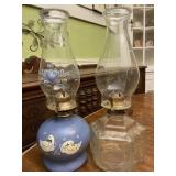 Pair of 2 Oil Lamps Inc Blue with Ducks