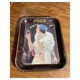 Black Metal Coca Cola Tray Lady in Blue Hat