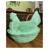 Green Jadeite Hen on Nest Figurine Vintage