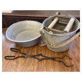 Metal Wash Tub Mop Bucket & Fire Tongs