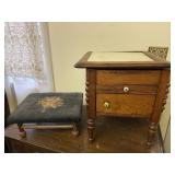 Small Wood Table & Needlepoint Foot Stool