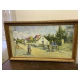 Gold Framed Vintage Print House & Horse with Buggy