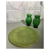 Green Glass Platter & 2 Vases