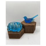 Small Blue Art Glass Bird & Footed Salt Cellar