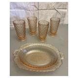 Pink Depression Glass Tumblers & Platter