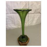 Green Art Glass Trumpet Vase Vintage