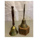 Pair of 2 Old Brass School Bells Wood Handles