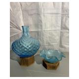 Light Blue Glass Vase & Vintage Bowl