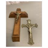 Wood & Metal Crucifix Set of 2 Vintage