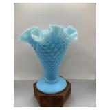Fenton Blue Hobnail Trumpet Vase Ruffle Neck
