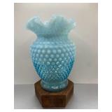 Fenton Blue Hobnail Ruffle Neck Vase