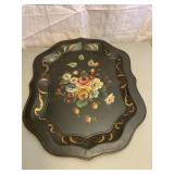 Large Black Toleware Metal Tray Flower Accent